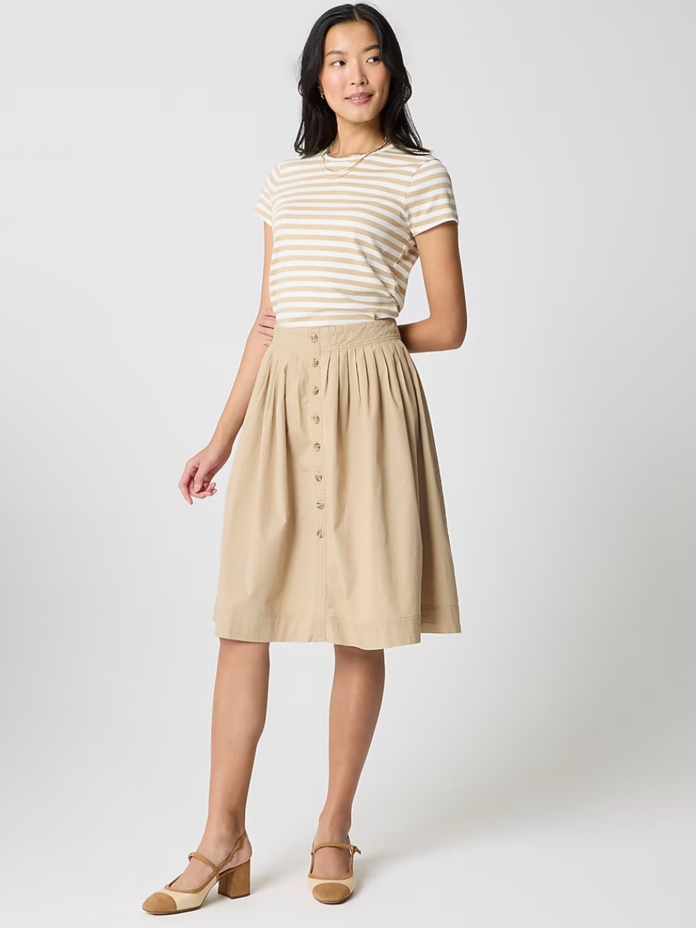 Pleated button-front midi skirt